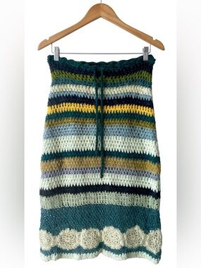 Y2K Free People Crochet Knit Striped Midi Skirt Wool Blend Boho Green Blue Small